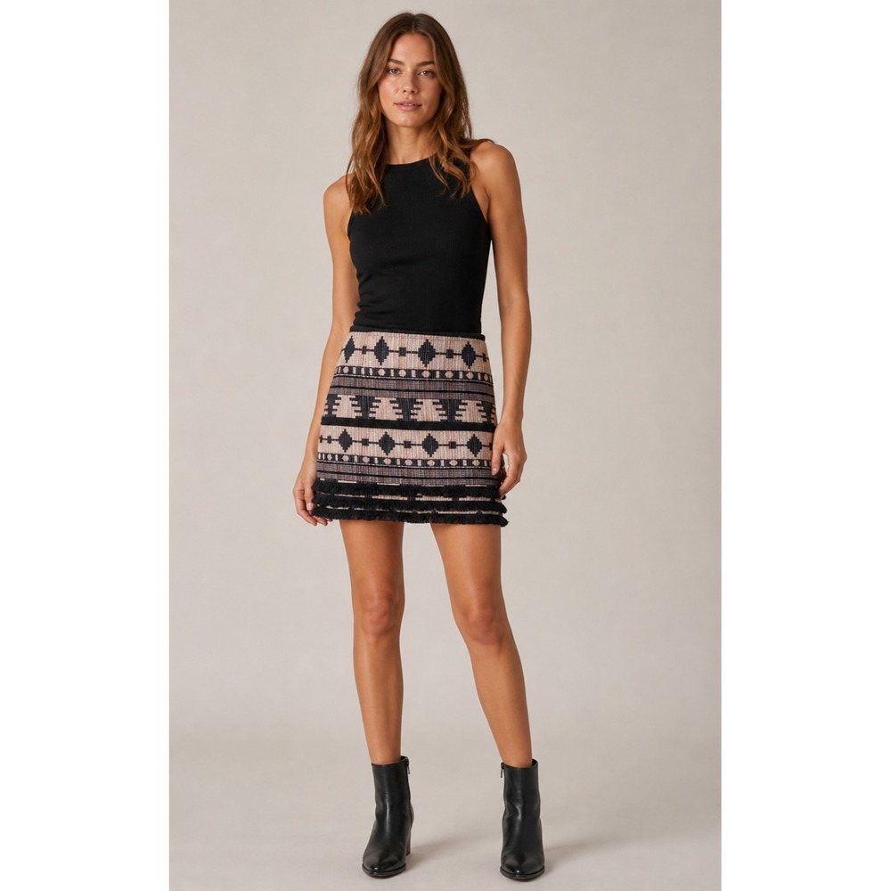 TOPSHOP Festival Skirt Womens 4 Black Pinkā Cotton Aztec Print Fringe Lined
